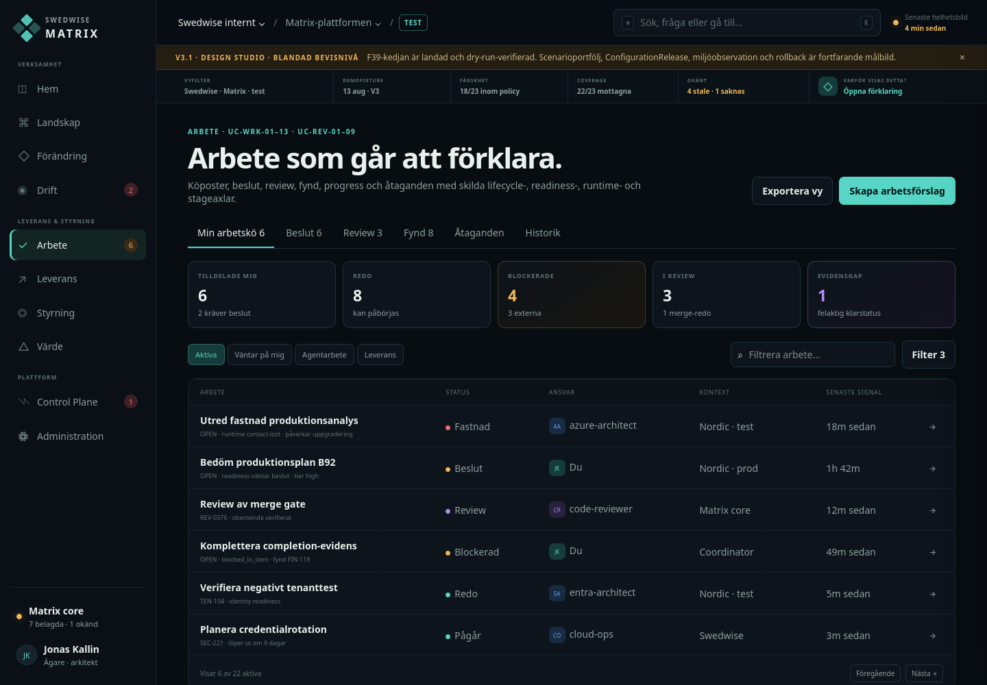 Arbetsöversikt med separata lifecycle-, readiness-, runtime- och stageaxlar