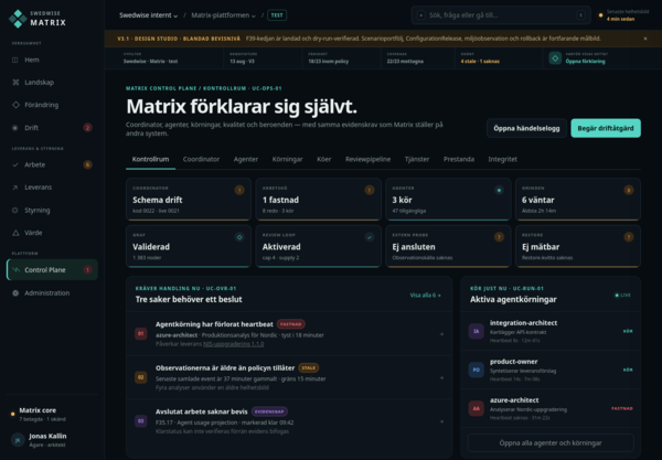 Control Plane med service-passports och enforcement per repo och DONE-väg